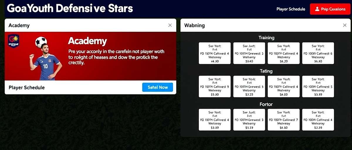 Goa Youth Defensive Stars - Youth Academy System Goa Youth Defensive Stars academy interface showing player development and training schedules